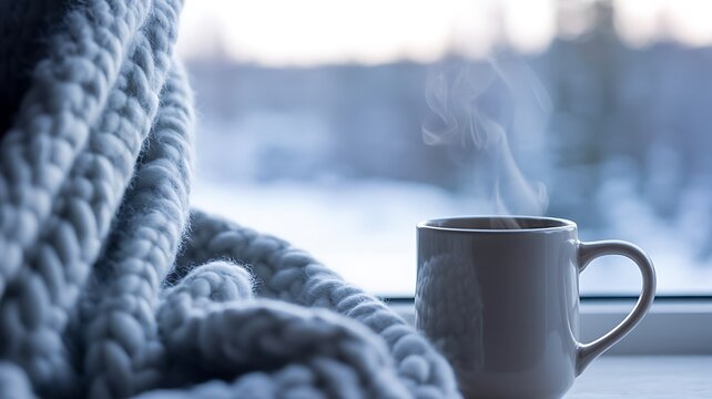 Close-up of a steaming white mug of hot drink nestled in a soft grey knitted blanket by window