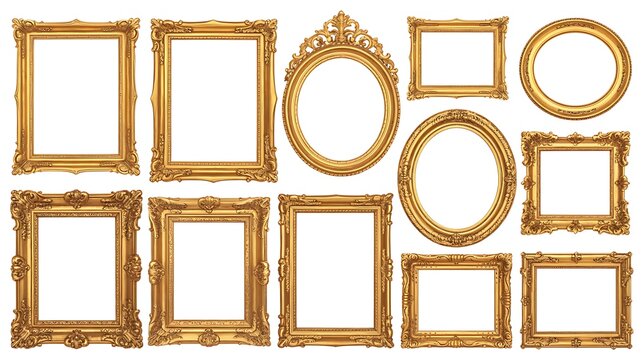 Collection of ornate vintage gold frames in various shapes and sizes on white