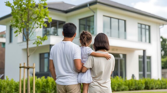 Family of three viewing a contemporary white house with a green lawn and trees parents