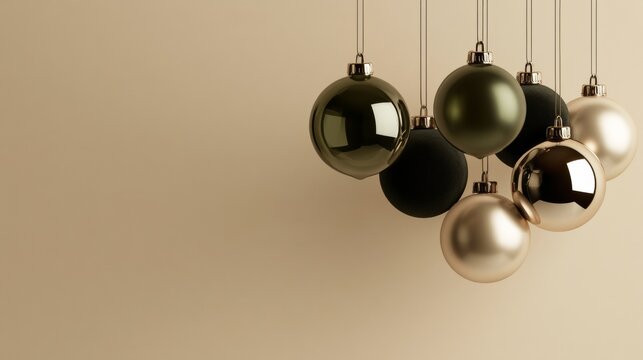 Green and gold Christmas baubles hang on beige, creating stylish holiday decor. festive winter style, elegant celebration, luxury decoration, seasonal greeting, Christmas spirit.