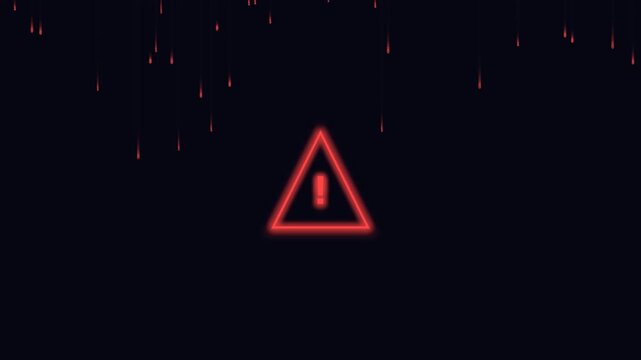 Neon red warning sign with digital glitch rain effect falling on black background sky.