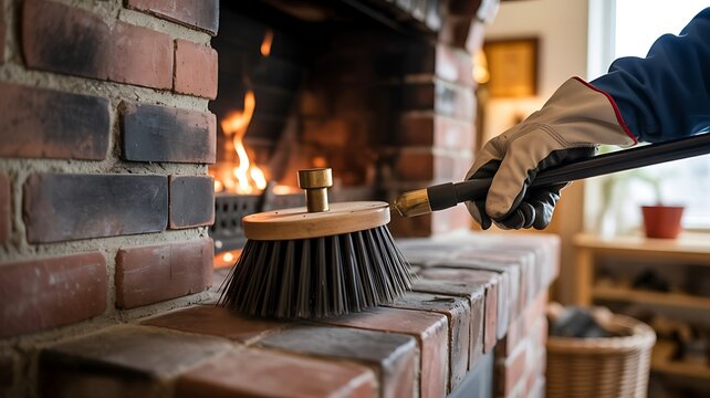 Person in gloves and jacket cleans brick fireplace with a round brush near a glowing fire and