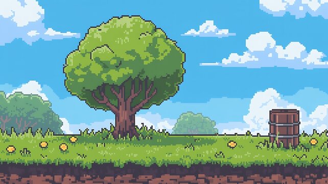 Pixel Landscape with Large Green Tree and Wooden Barrel on Grassy Hillside