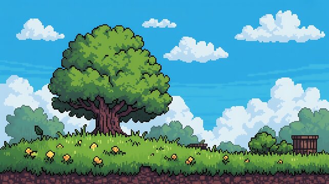 Pixel Landscape with a Large Green Tree and Yellow Flowers Under a Blue Sky