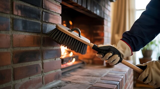 Person wearing protective gloves and jacket brushes a brick fireplace with a long handled brush