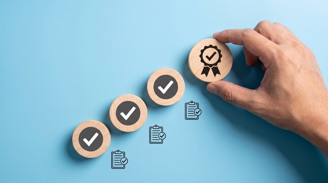 Hand placing wooden block with quality award symbol to complete checklist process on blue background