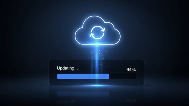 Glowing cloud icon with update progress bar reaching sixty four percent on dark background signifies system maintenance and software synchronization for secure cloud storage services.