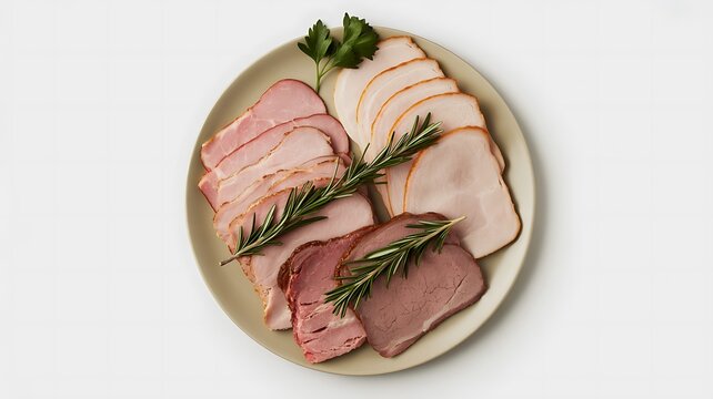 Variety of Sliced Deli Meats and Fresh Herbs Presented on a Plate with White Background
