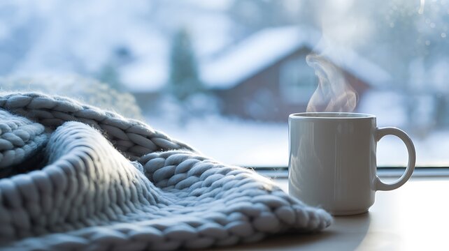 White mug with steam rising from hot drink beside a grey knitted blanket with blurred house view 