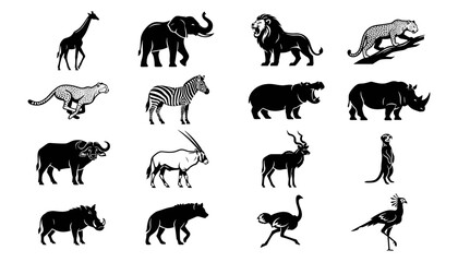 Fototapeta premium Animal Silhouettes Set Featuring Zebra, Lion, Giraffe, Rhinoceros, Elephant, Cheetah, Hippopotamus, Ostrich, and Antelope in Black