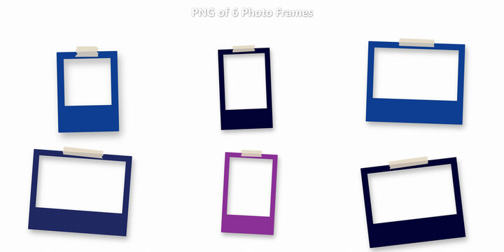 Set of six empty colorful photo frames with clip holders for displaying pictures or notes on walls