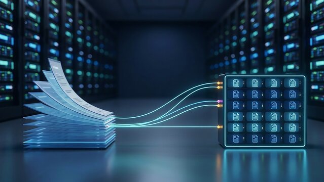 Digital document processing in server room shows glowing data flow from paper stack into virtual storage cube representing efficient cloud organization and automated data management.