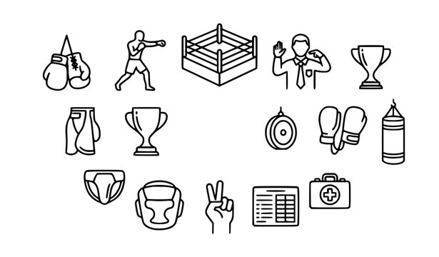 Boxing Sport Line Icon Set with Gloves Ring Fighter Trophy Punching Bag Helmet Referee and First Aid Kit Symbols