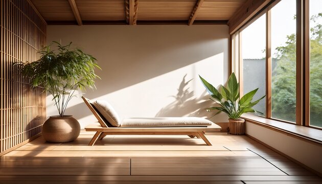 minimalist wabi sabi style living room with wooden chaise lounge potted bamboo plant and soft warm sunlight shows calm modern asian interior design