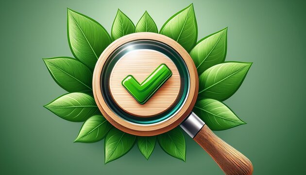 magnifying glass focusing on wooden stamp with green check mark and leaves symbolizing quality assurance and ecofriendly certification