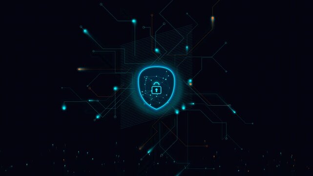 Digital shield with lock icon protection for data on abstract circuit board background motion graphic.