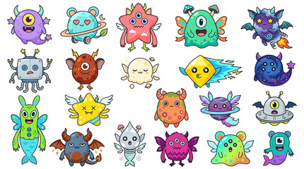 Obraz premium Cute monster and alien character icons collection, colorful doodle creatures for kids games, playful pixel art set for design, 40 fun cartoon symbols for educational apps