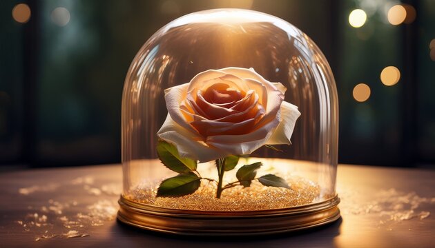 a shining rose under a glass cae as in beauty and the beast