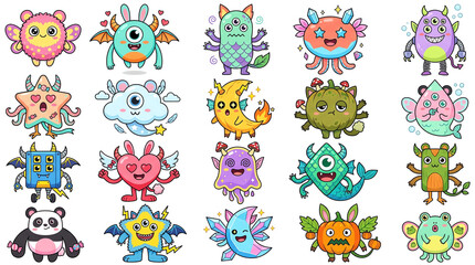 Obraz premium Cute Monster Collection, 20 Kawaii Creatures, Colorful Character Set, Chibi Vector Illustrations, Whimsical Funny Icons For Kids Design
