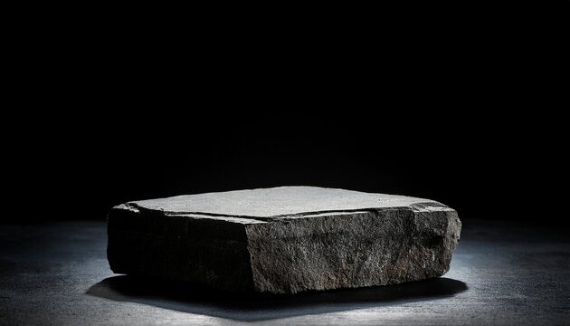 empty flat small stone podium on rock in a dark room