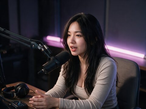 Young woman speaking into a microphone in a modern podcast studio, digital content creator, streaming and online media concept
