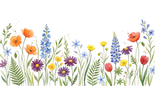 Watercolor Wildflowers Horizontal Border Vector Illustration Featuring Colorful Meadow Flowers Poppies Daisies Lavender Lupine Tulips Fern Leaves Garden Botanicals Spring Summer Nature Floral Seamless