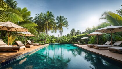 Fototapeta premium tranquil poolside oasis surrounded by lush tropical greenery relaxing ambiance with palm trees sunshades and lounge chairs peaceful escape in nature