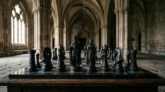 Chess pieces arranged in grand cathedral interior