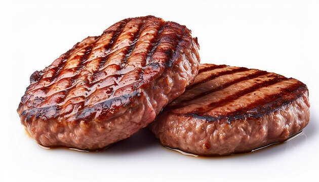 two grilled burger patties with sear marks isolated on a white background or white background