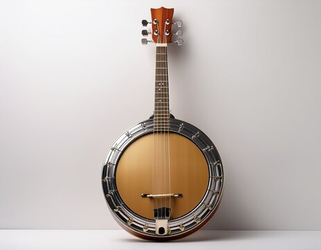 a timeless melody a traditional wooden banjo ready to play on a clear backgrounor white background