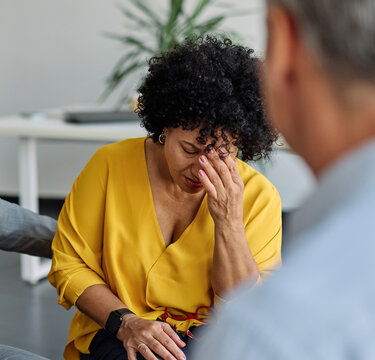Group psychotherapy. Persons sitting in circle and talking. People meeting. Psychotherapy training, business lecture or conference. Man woman support group