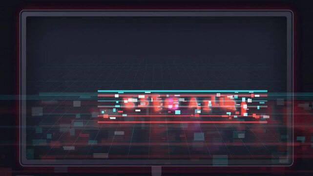 Digital screen displaying system failure warning with glitch effects and red warning text on dark background