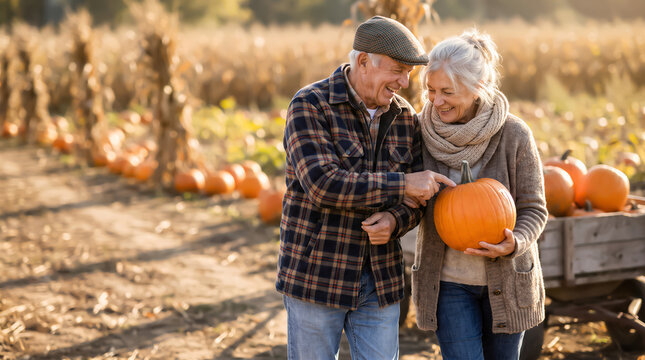 Elderly couple laughing together while choosing pumpkin in autumn pumpkin patch field surrounded by golden corn stalks and sunshine. American carnival for Halloween celebrating concept with copy-space