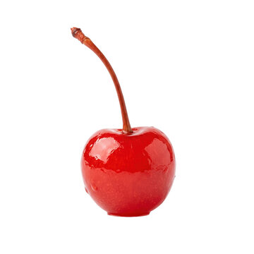 Sweet red maraschino cherry with stem isolated on transparent background