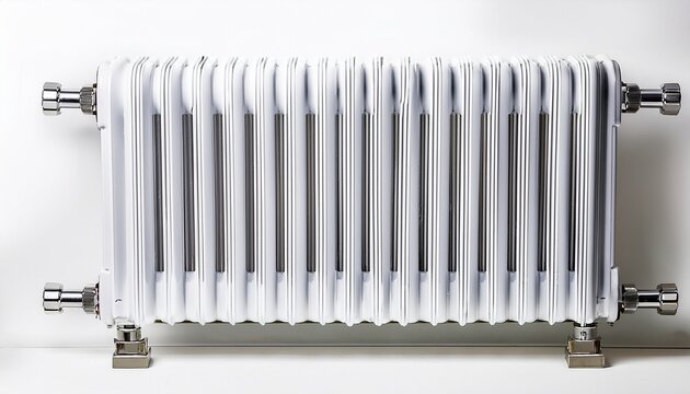 a modern white cast iron radiator with chrome accents on a clear backgrounor white background