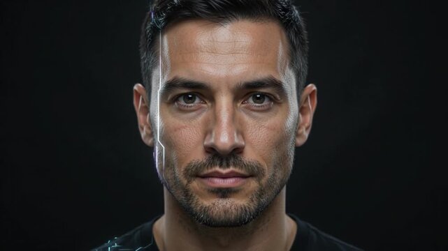 Man Face Biometric Scanning with Futuristic Digital Laser Lines Scan Facial Recognition Dark Background