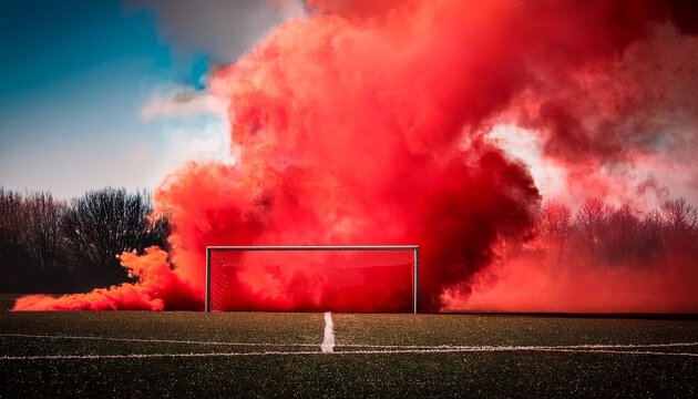 a sports goalpost is enveloped in vibrant red smoke creating a dramatic scene