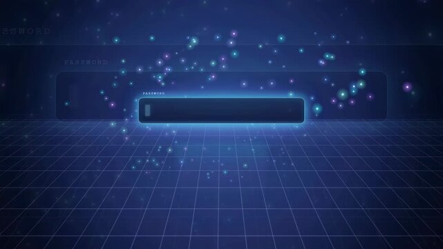 Digital password entry animation on a futuristic blue holographic interface with glowing data particles