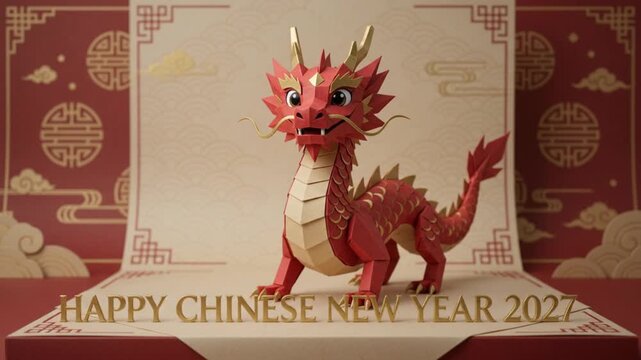 Red Paper Cut Dragon Character Standing Behind Golden Happy Chinese New Year 2027 Text Traditional Background