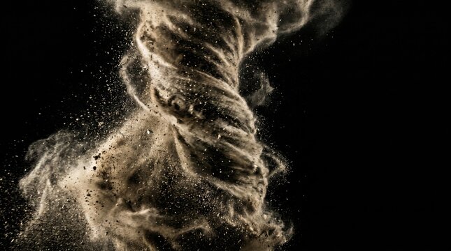 Chaotic high-speed swirling dust tornado isolated on black background