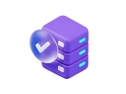 3D purple database server icon with a checkmark for successful data synchronization task.