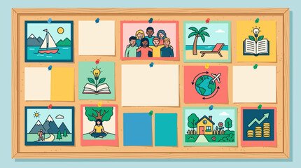 Fototapeta premium Bulletin board with various illustrated life goals and aspirations pinned on it