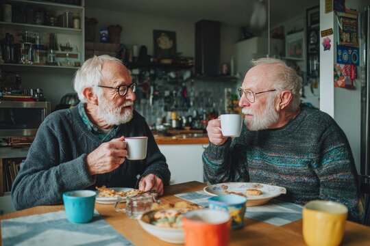 Elderly Father and Son Share Tea and Snacks at Kitchen Table