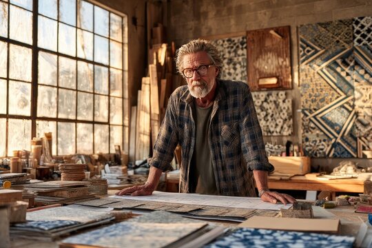 Experienced Craftsman Reviews Furniture Designs in Workshop
