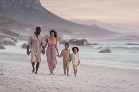 Happy Family Walking on a Beach During Sunset Vacation