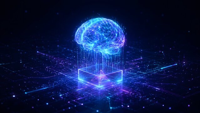 Glowing digital brain hologram floating in dark space showing everyday life