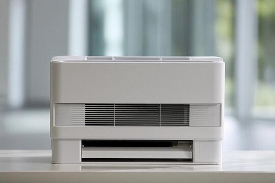 White air conditioning unit sits on a table in a well-lit indoor space with large windows in the background