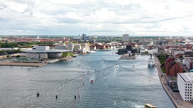 Aerial approach the harbor of Copenhagen, Denmark