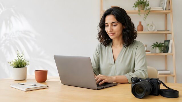 Happy confident woman smiling or working in various settings showing careful attention