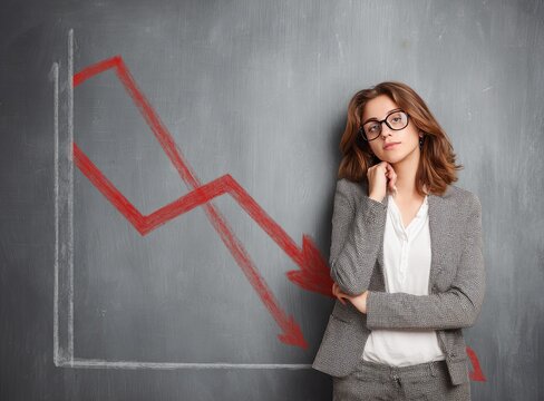 Sad Businesswoman Observes Downward Trend Graph